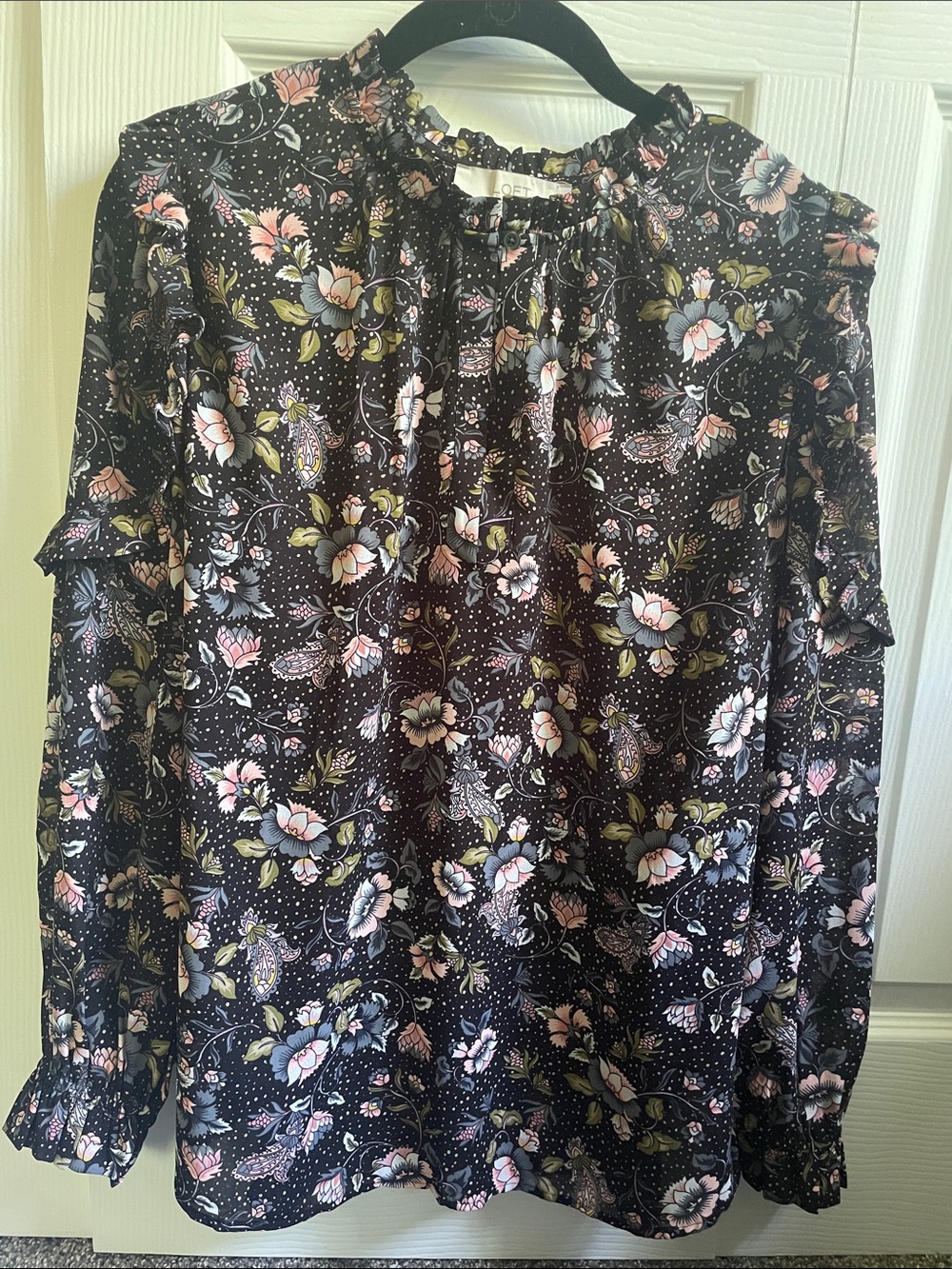 LOFT Black Floral Long-Sleeve Smocked Neck Blouse